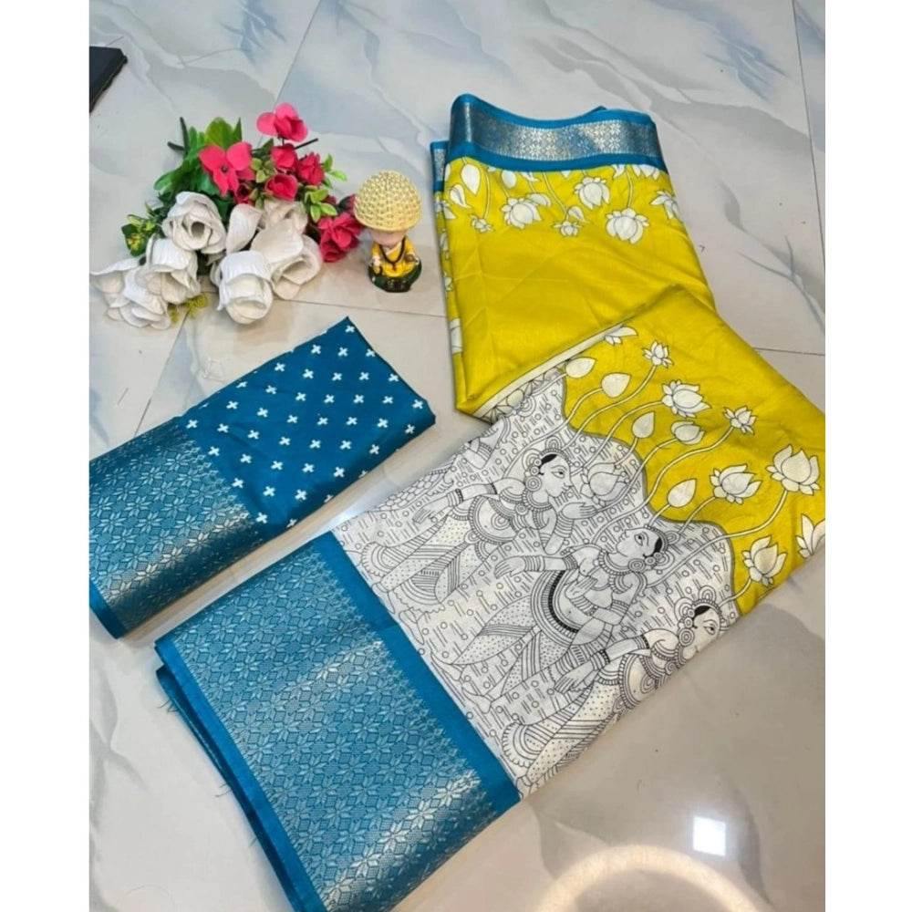 Generic Women's Dola Silk Printed Saree With Unstitched Blouse 5.5Mtr (Yellow ) - MYLUXURY LANE ENTERPRISE