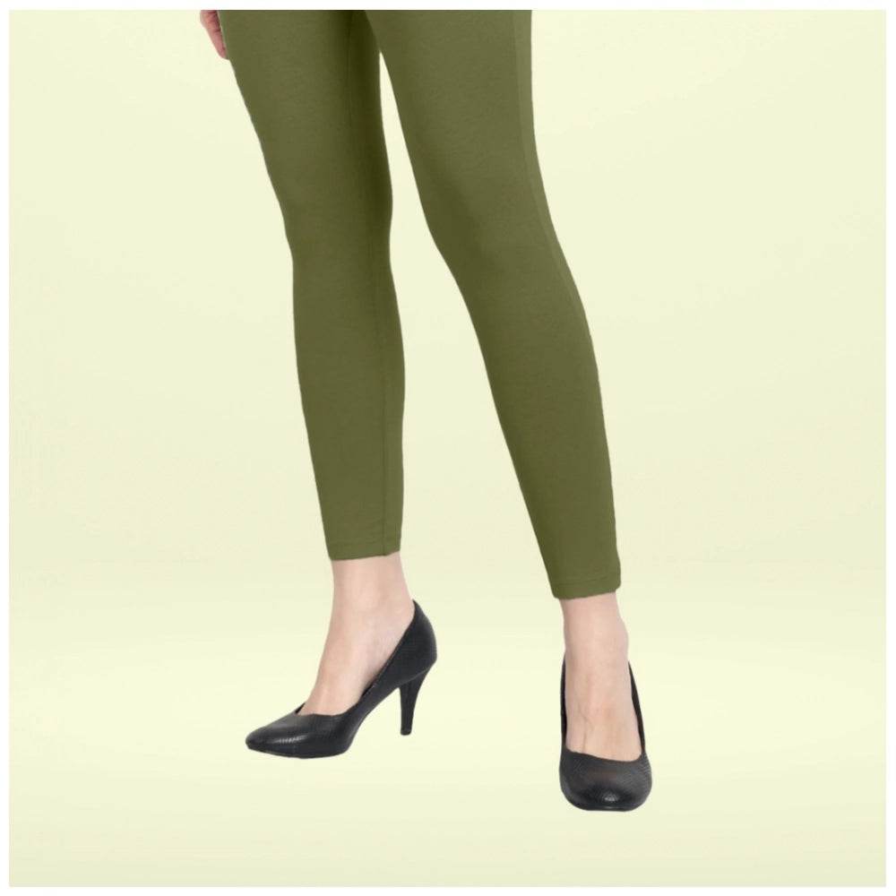 Generic Women's Cotton Blended Solid Ankle legging (Olive Green) - MYLUXURY LANE ENTERPRISE