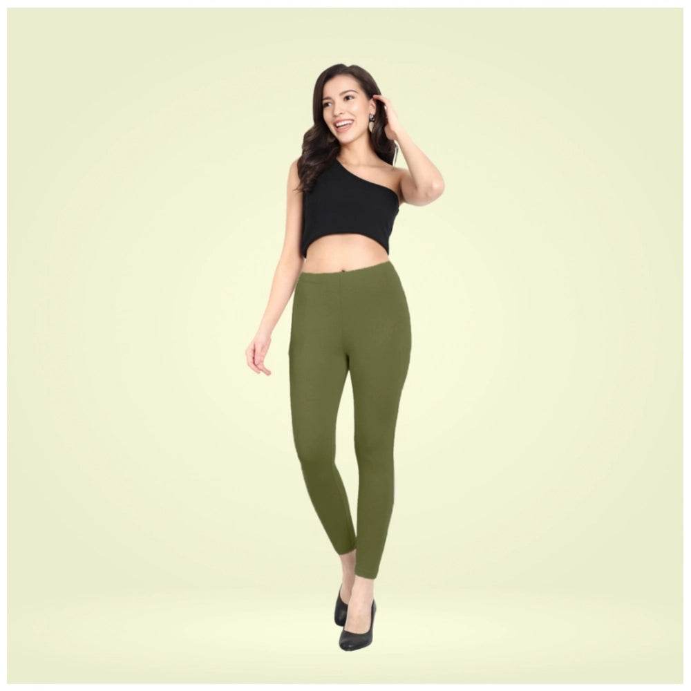 Generic Women's Cotton Blended Solid Ankle legging (Olive Green) - MYLUXURY LANE ENTERPRISE