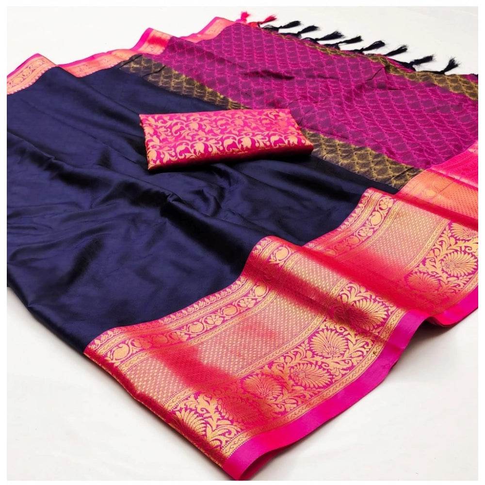 Generic Women's Cotton Silk Floral Print Saree With Unstitched Blouse 5.5Mtr (Navy Blue) - MYLUXURY LANE ENTERPRISE