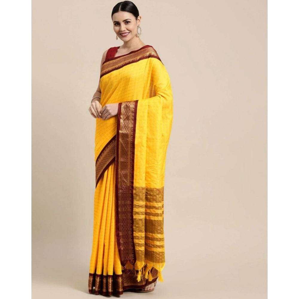 Generic Women's Cotton Silk Checkered Saree With Unstitched Blouse 5.5Mtr (Yellow) - MYLUXURY LANE ENTERPRISE