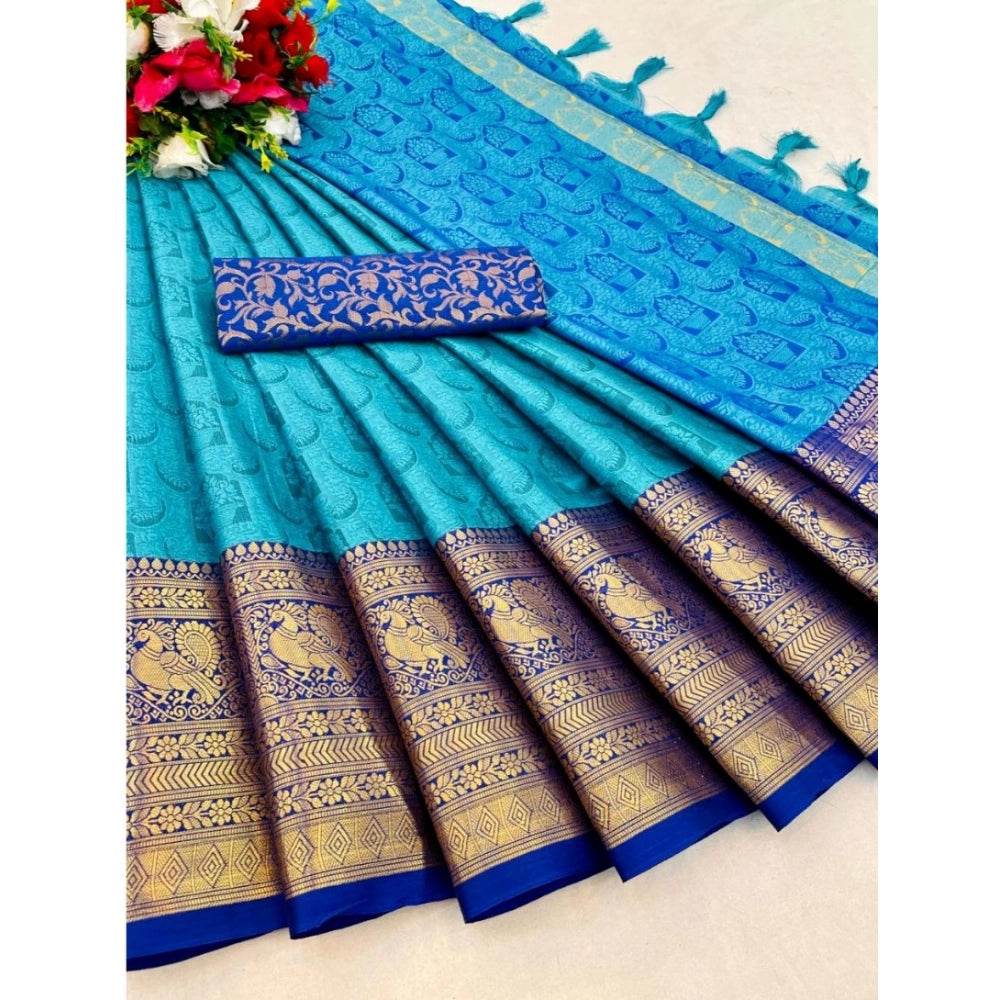 Generic Women's Cotton Silk Printed Saree With Unstitched Blouse 5.5Mtr (Sky Blue) - MYLUXURY LANE ENTERPRISE