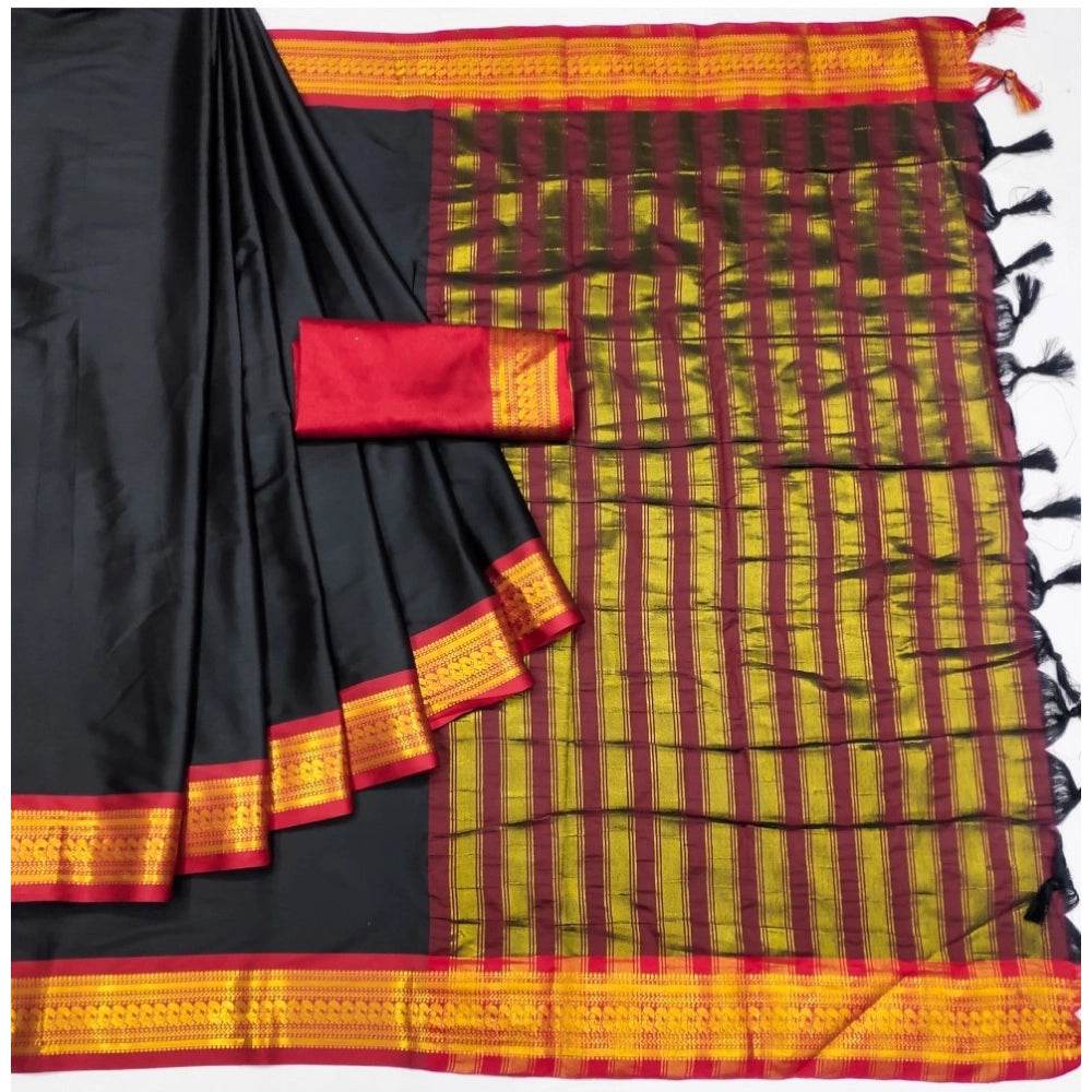 Generic Women's Cotton Silk Solid Saree With Unstitched Blouse 5.5Mtr (Black) - MYLUXURY LANE ENTERPRISE
