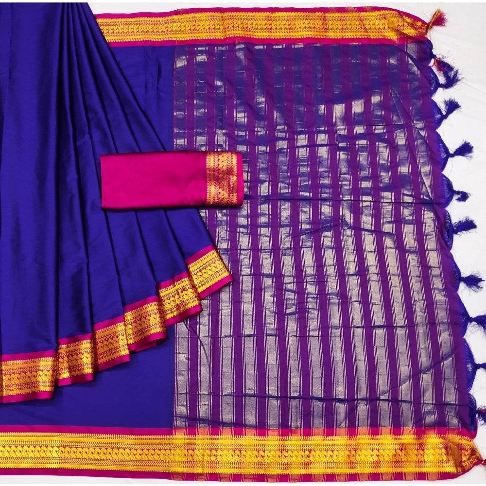 Generic Women's Cotton Silk Solid Saree With Unstitched Blouse 5.5Mtr (Blue) - MYLUXURY LANE ENTERPRISE