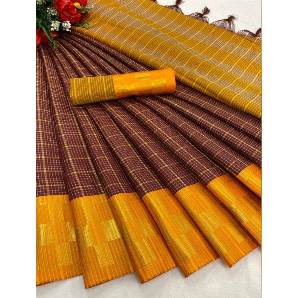 Generic Women's Cotton Silk Printed Saree With Unstitched Blouse 5.5Mtr (Gold-Maroon) - MYLUXURY LANE ENTERPRISE