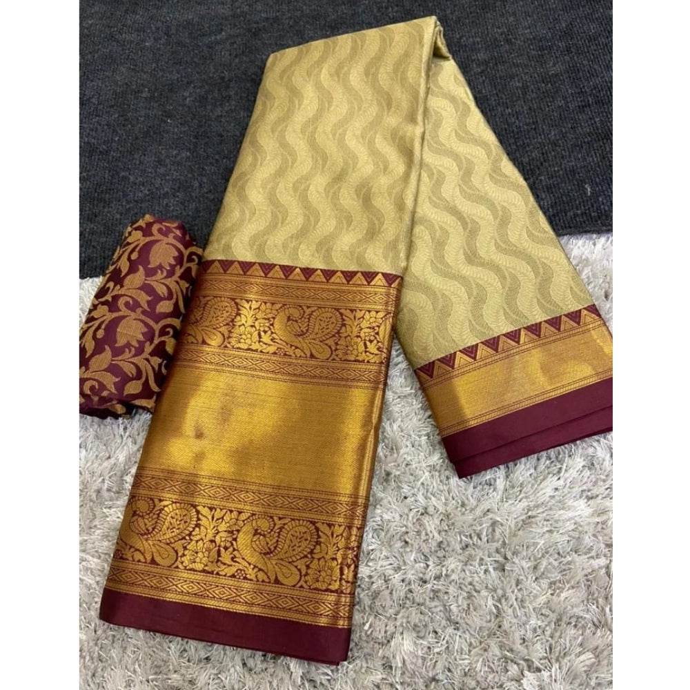 Generic Women's Cotton Silk Printed Saree With Unstitched Blouse 5.5Mtr (Brown) - MYLUXURY LANE ENTERPRISE