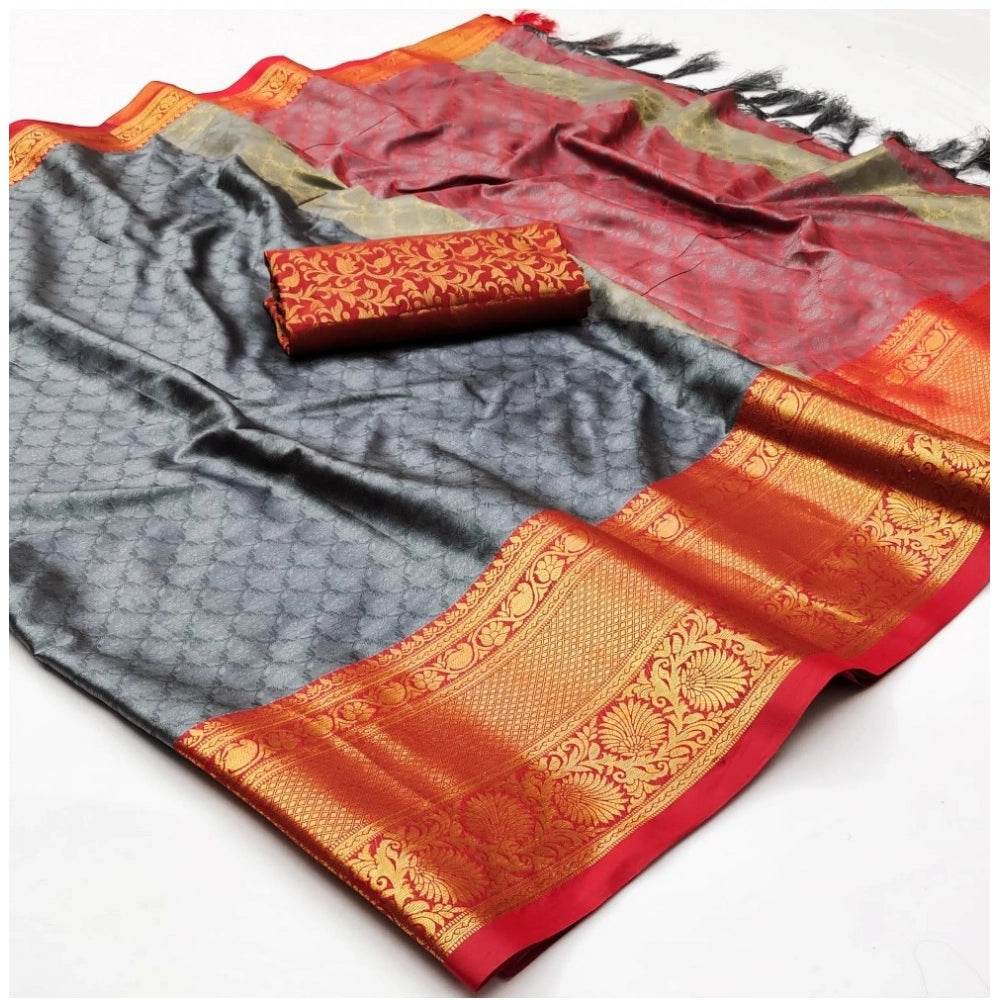 Generic Women's Cotton Silk Floral Print Saree With Unstitched Blouse 5.5Mtr (Grey) - MYLUXURY LANE ENTERPRISE