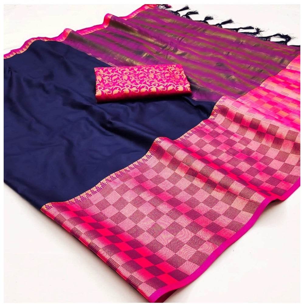 Generic Women's Cotton Silk Checkered Saree With Unstitched Blouse 5.5Mtr (Blue) - MYLUXURY LANE ENTERPRISE