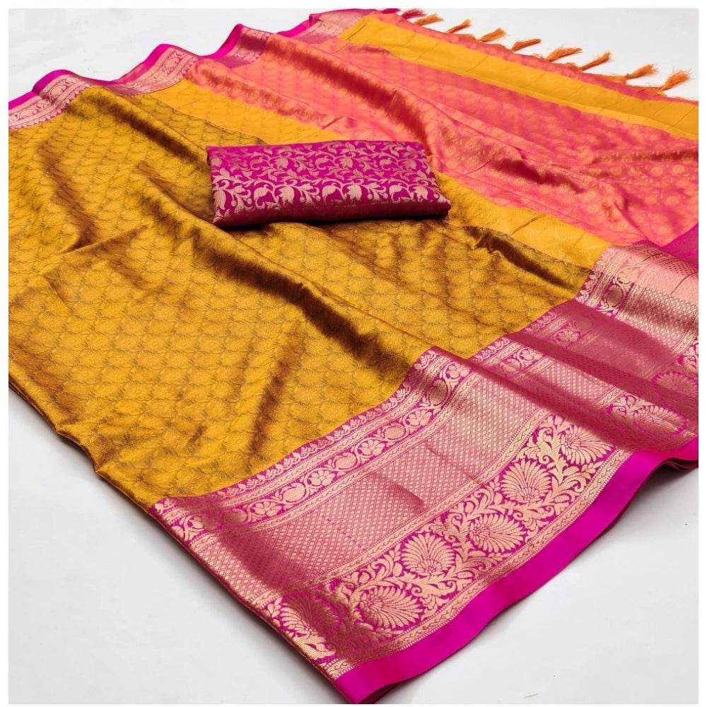 Generic Women's Cotton Silk Floral Print Saree With Unstitched Blouse 5.5Mtr (Mustard) - MYLUXURY LANE ENTERPRISE
