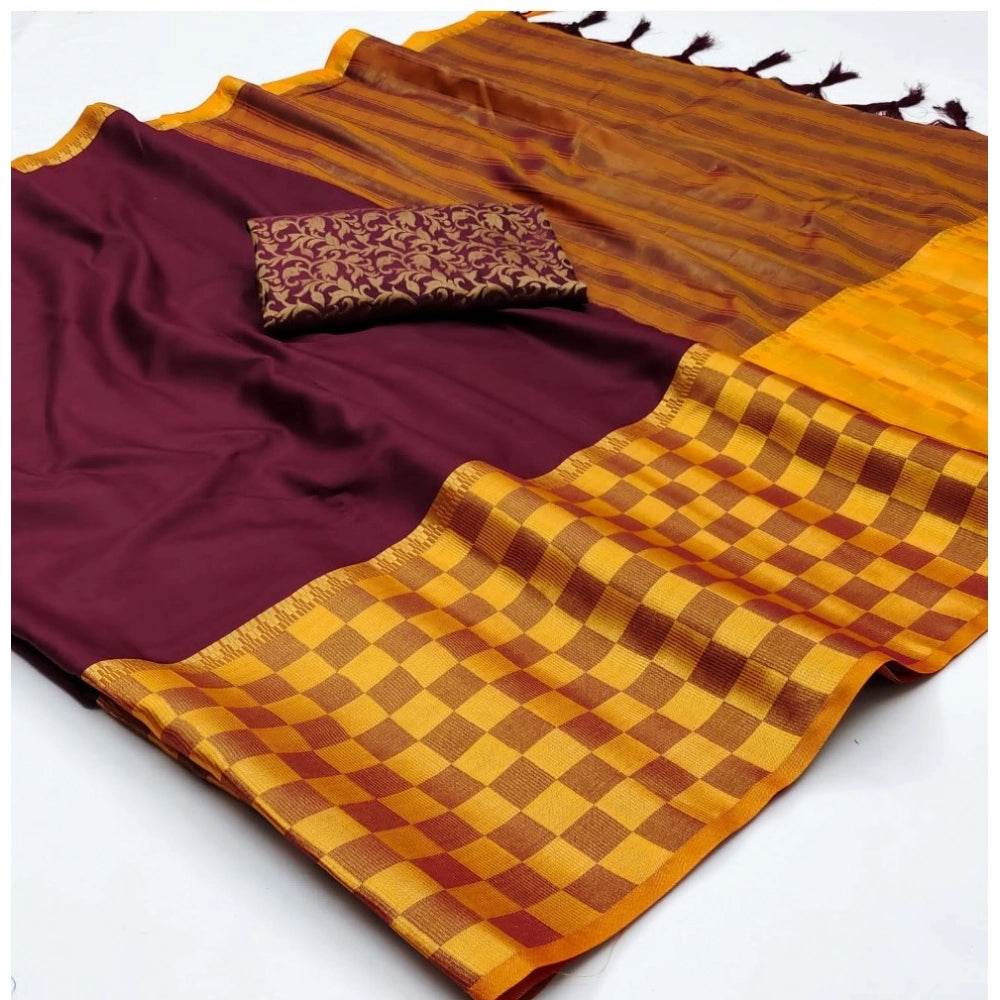 Generic Women's Cotton Silk Checkered Saree With Unstitched Blouse 5.5Mtr (Maroon) - MYLUXURY LANE ENTERPRISE