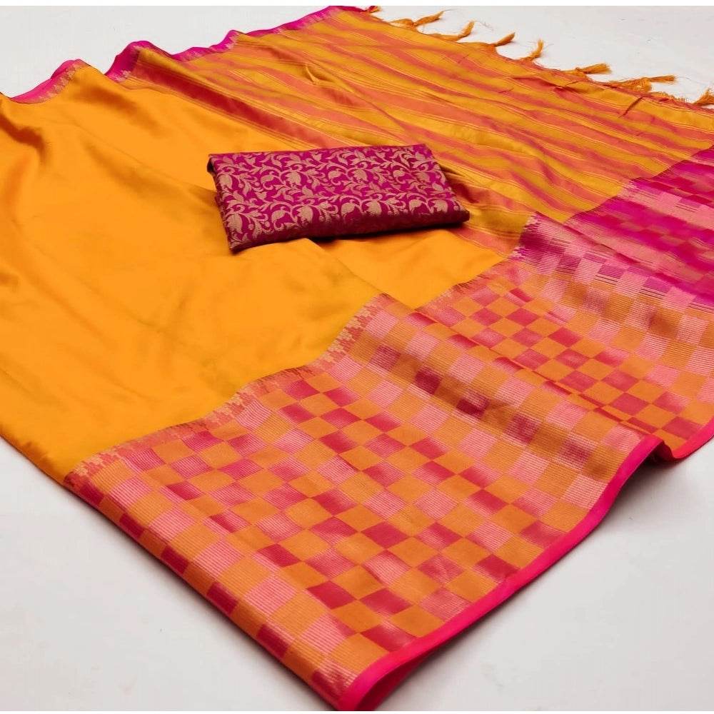 Generic Women's Cotton Silk Checkered Saree With Unstitched Blouse 5.5Mtr (Orange) - MYLUXURY LANE ENTERPRISE