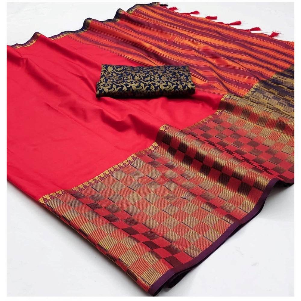 Generic Women's Cotton Silk Checkered Saree With Unstitched Blouse 5.5Mtr (Red) - MYLUXURY LANE ENTERPRISE