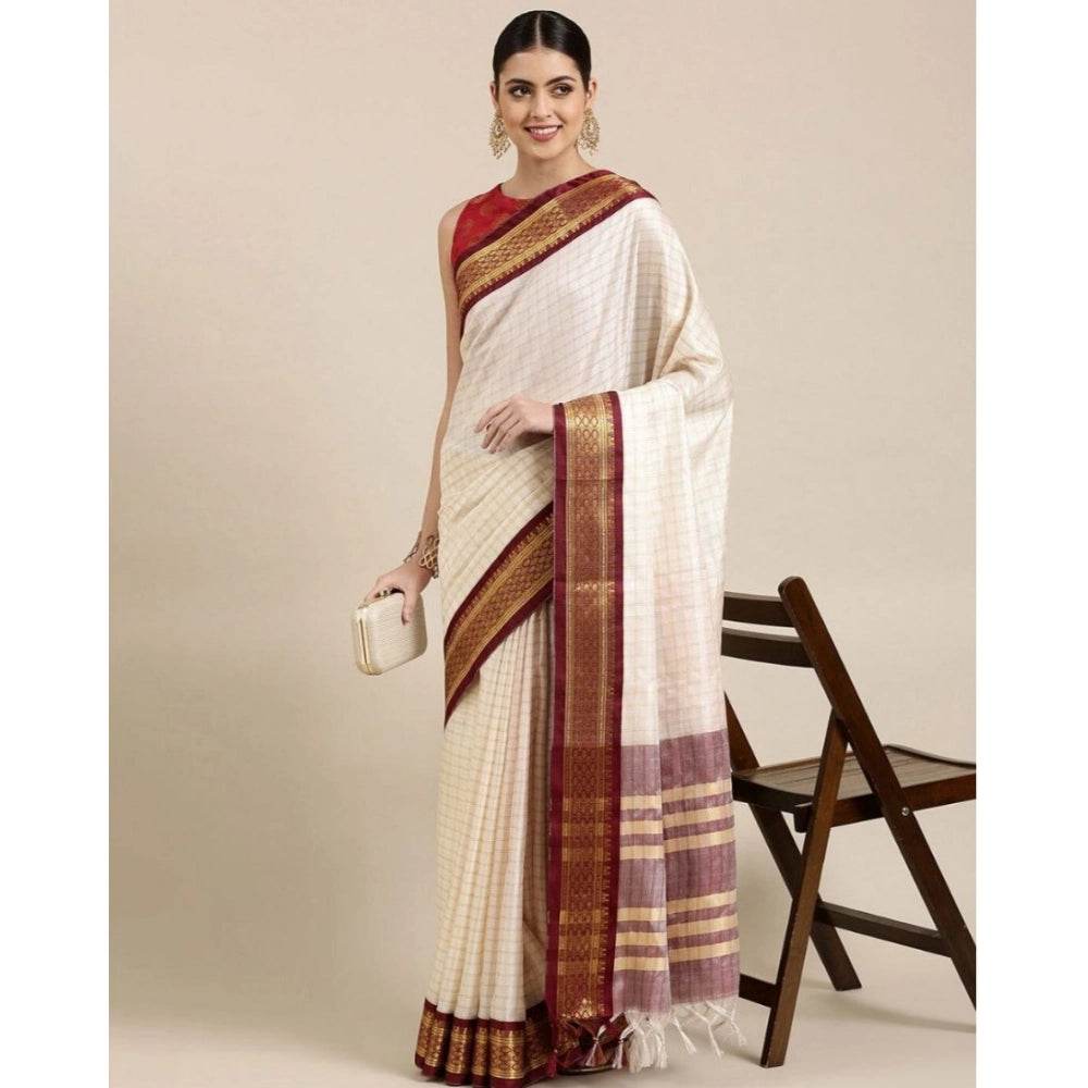Generic Women's Cotton Silk Checkered Saree With Unstitched Blouse 5.5Mtr (Maroon) - MYLUXURY LANE ENTERPRISE