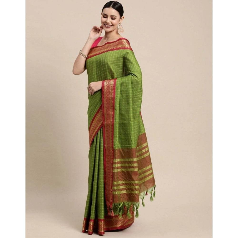 Generic Women's Cotton Silk Checkered Saree With Unstitched Blouse 5.5Mtr (Mehendi) - MYLUXURY LANE ENTERPRISE
