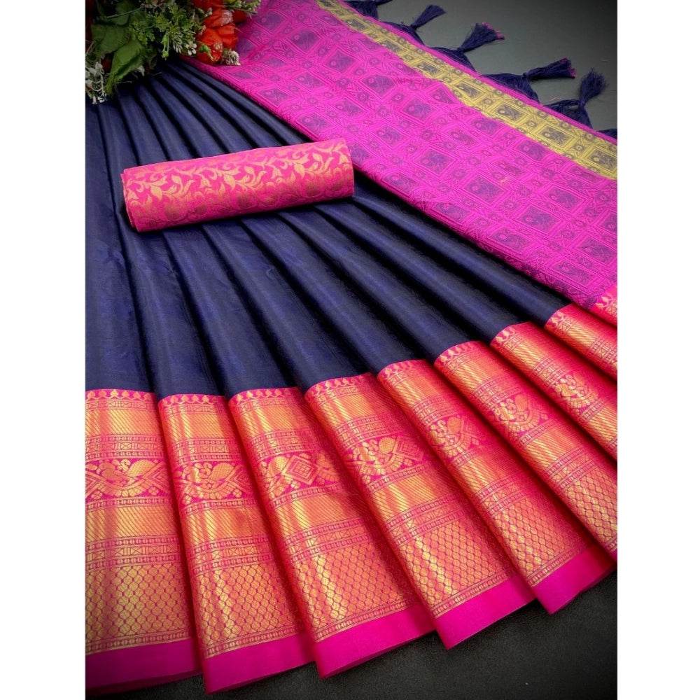 Generic Women's Cotton Silk Printed Saree With Unstitched Blouse 5.5Mtr (Blue) - MYLUXURY LANE ENTERPRISE