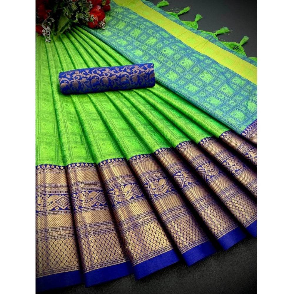Generic Women's Cotton Silk Printed Saree With Unstitched Blouse 5.5Mtr (Green) - MYLUXURY LANE ENTERPRISE
