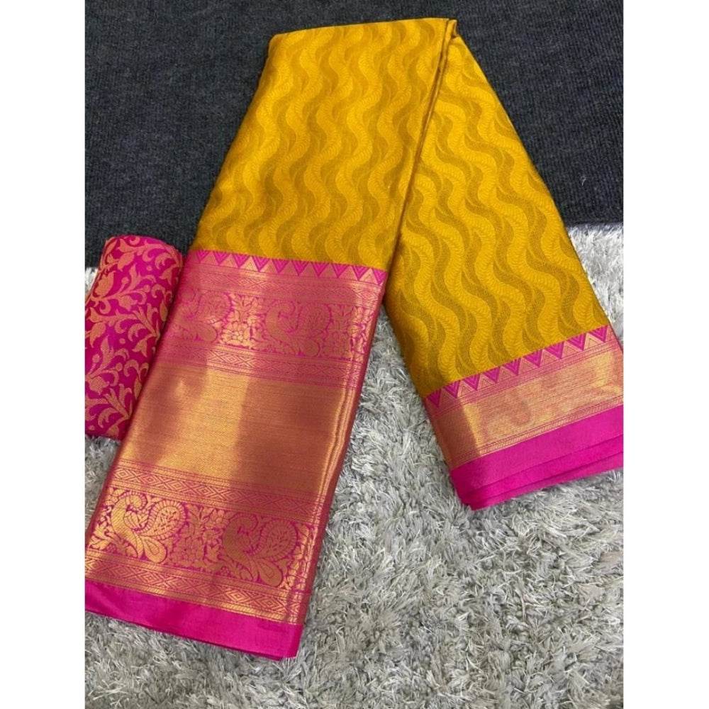 Generic Women's Cotton Silk Printed Saree With Unstitched Blouse 5.5Mtr (Mustard) - MYLUXURY LANE ENTERPRISE