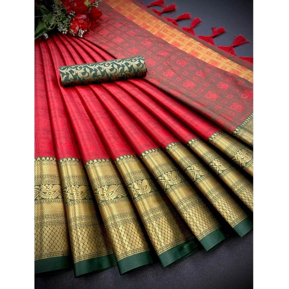 Generic Women's Cotton Silk Printed Saree With Unstitched Blouse 5.5Mtr (Red) - MYLUXURY LANE ENTERPRISE