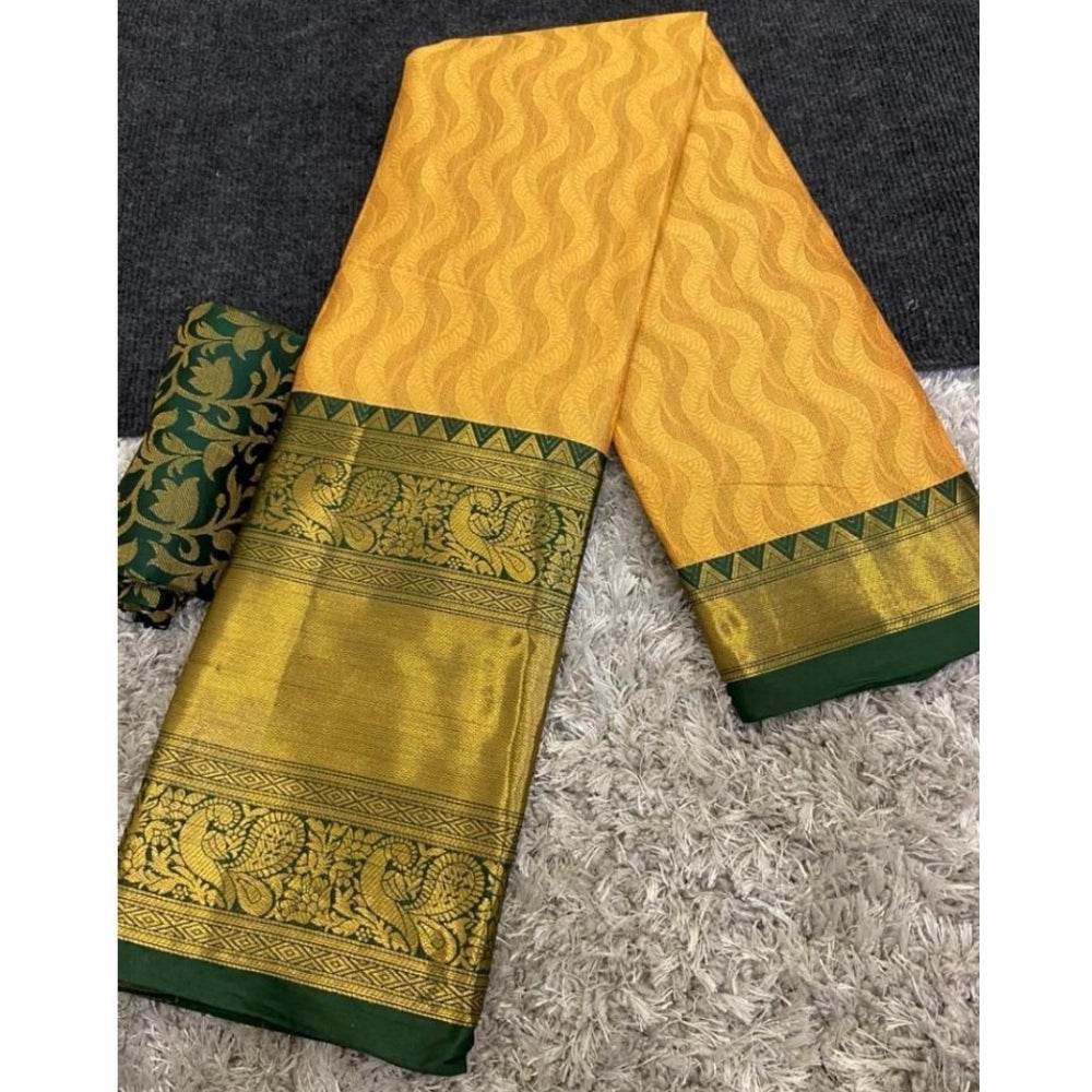 Generic Women's Cotton Silk Printed Saree With Unstitched Blouse 5.5Mtr (Yellow) - MYLUXURY LANE ENTERPRISE