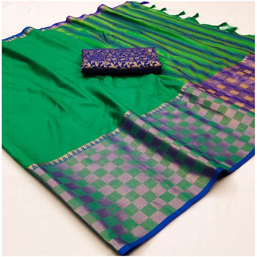 Generic Women's Cotton Silk Checkered Saree With Unstitched Blouse 5.5Mtr (Green) - MYLUXURY LANE ENTERPRISE
