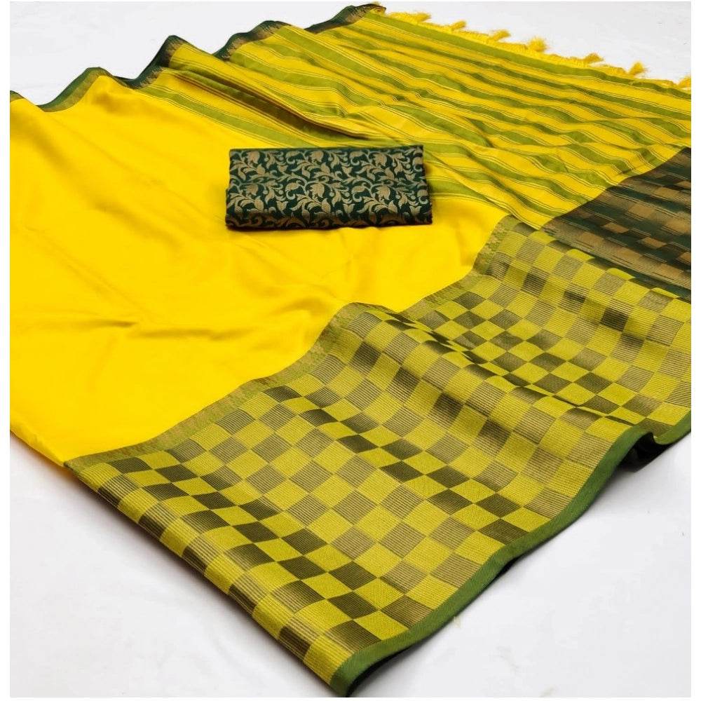 Generic Women's Cotton Silk Checkered Saree With Unstitched Blouse 5.5Mtr (Yellow) - MYLUXURY LANE ENTERPRISE