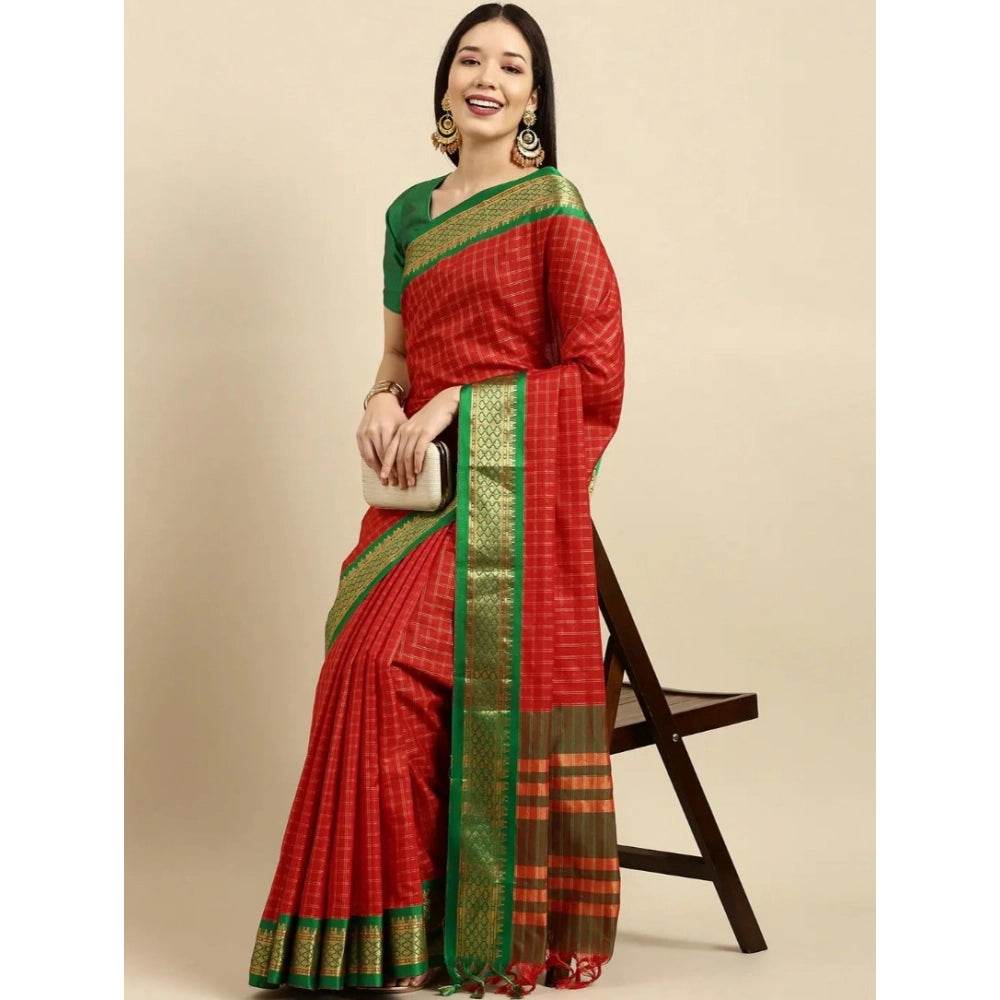 Generic Women's Cotton Silk Checkered Saree With Unstitched Blouse 5.5Mtr (Red) - MYLUXURY LANE ENTERPRISE