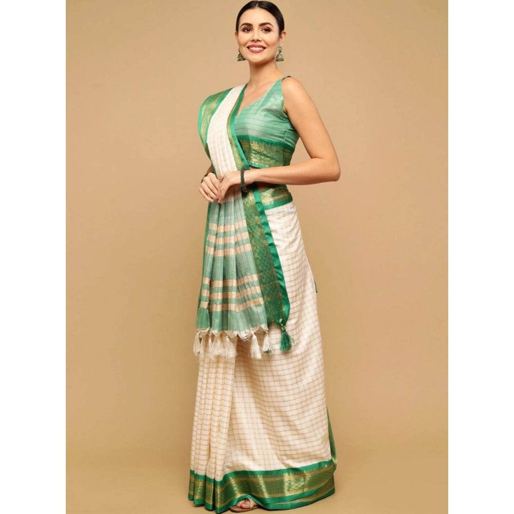 Generic Women's Cotton Silk Checkered Saree With Unstitched Blouse 5.5Mtr (Green) - MYLUXURY LANE ENTERPRISE