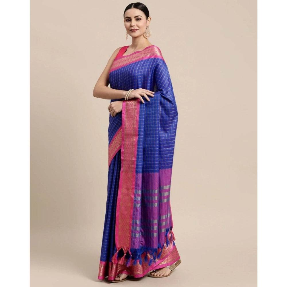 Generic Women's Cotton Silk Checkered Saree With Unstitched Blouse 5.5Mtr (R Blue) - MYLUXURY LANE ENTERPRISE