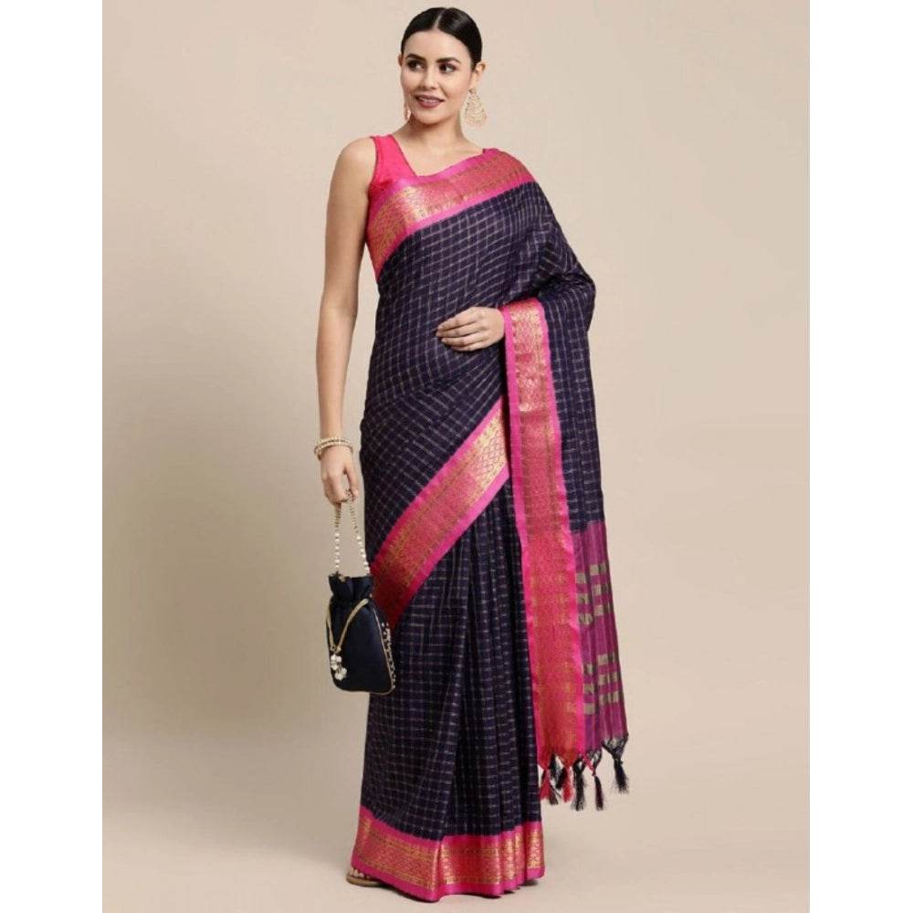 Generic Women's Cotton Silk Checkered Saree With Unstitched Blouse 5.5Mtr (Navy Blue) - MYLUXURY LANE ENTERPRISE