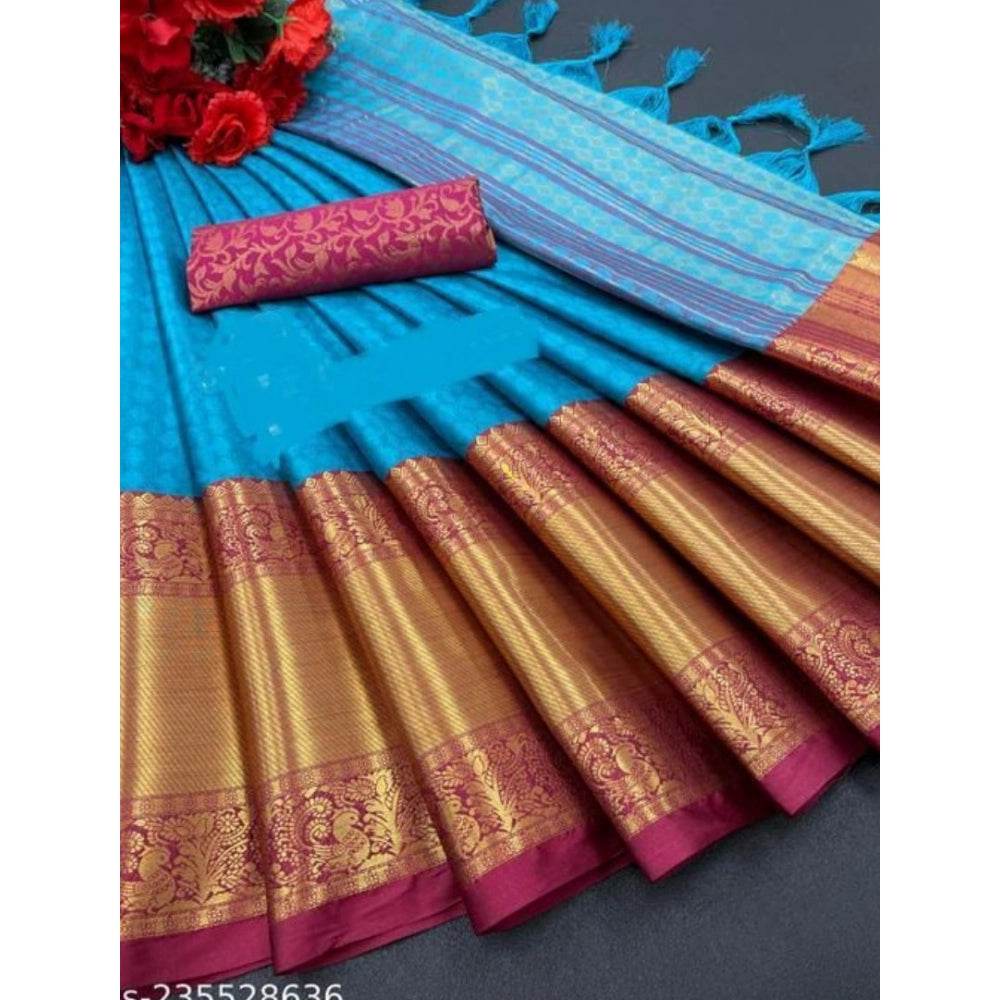 Generic Women's Cotton Silk Woven Design Saree With Unstitched Blouse 5.5Mtr (Blue) - MYLUXURY LANE ENTERPRISE