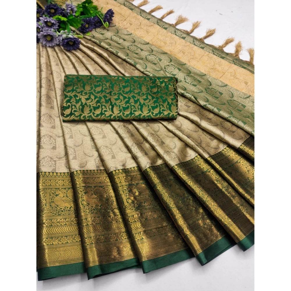 Generic Women's Cotton Silk Printed Saree With Unstitched Blouse 5.5Mtr (Green) - MYLUXURY LANE ENTERPRISE