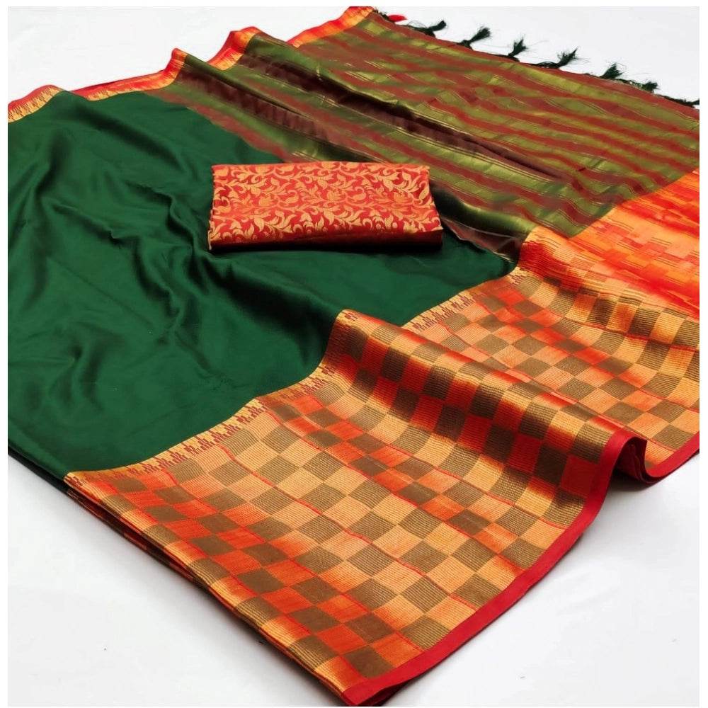 Generic Women's Cotton Silk Checkered Saree With Unstitched Blouse 5.5Mtr (Bgreen) - MYLUXURY LANE ENTERPRISE