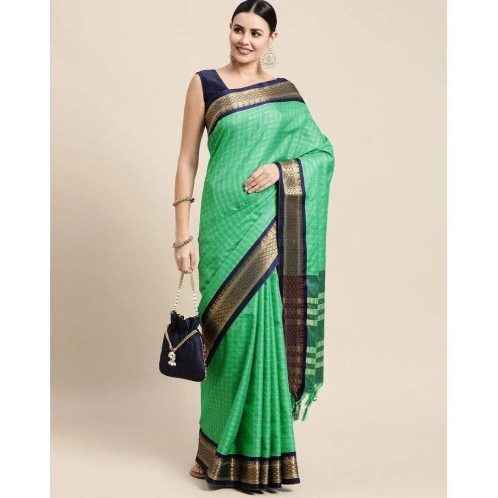 Generic Women's Cotton Silk Checkered Saree With Unstitched Blouse 5.5Mtr (Green) - MYLUXURY LANE ENTERPRISE