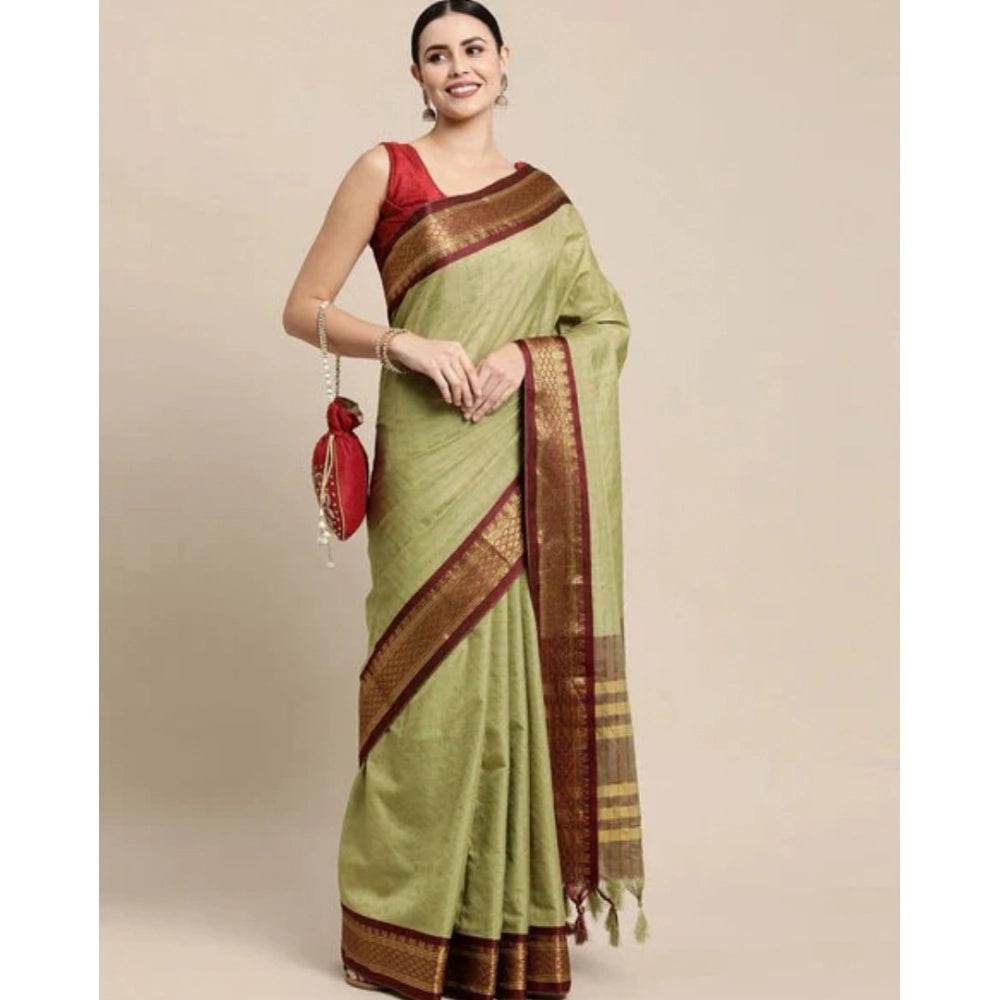Generic Women's Cotton Silk Checkered Saree With Unstitched Blouse 5.5Mtr (olive) - MYLUXURY LANE ENTERPRISE