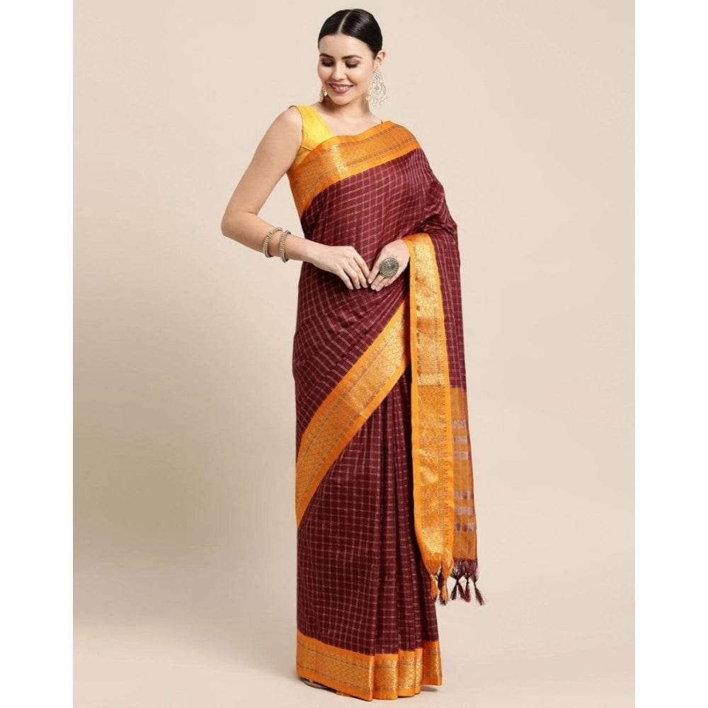 Generic Women's Cotton Silk Checkered Saree With Unstitched Blouse 5.5Mtr (Coffee) - MYLUXURY LANE ENTERPRISE