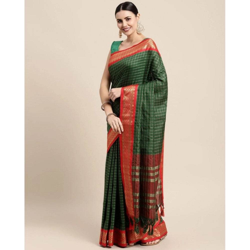 Generic Women's Cotton Silk Checkered Saree With Unstitched Blouse 5.5Mtr (B Green) - MYLUXURY LANE ENTERPRISE