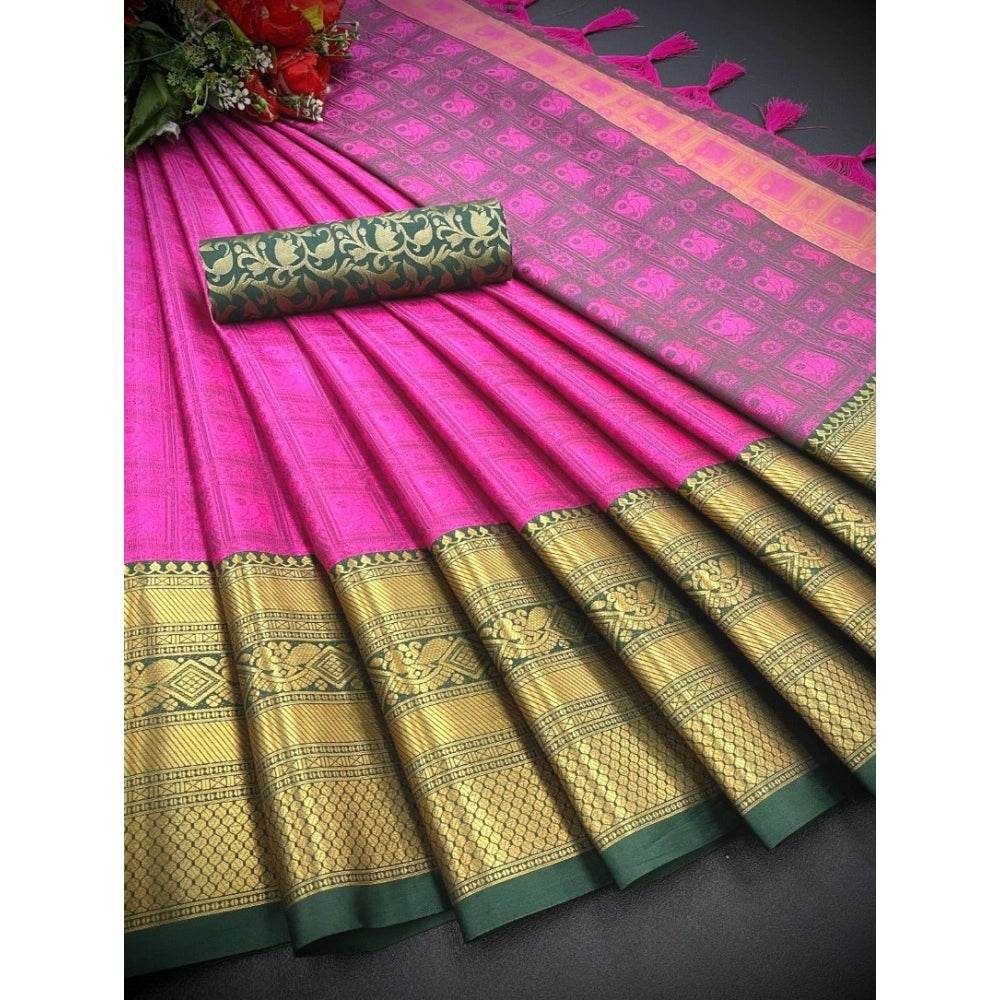 Generic Women's Cotton Silk Printed Saree With Unstitched Blouse 5.5Mtr (Pink) - MYLUXURY LANE ENTERPRISE