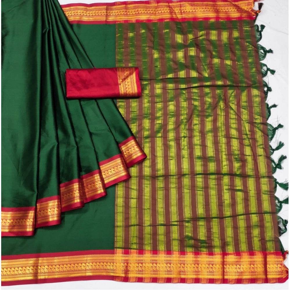 Generic Women's Cotton Silk Solid Saree With Unstitched Blouse 5.5Mtr (Dark Green) - MYLUXURY LANE ENTERPRISE