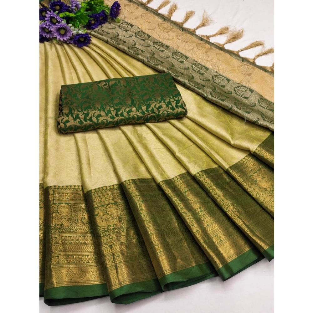 Generic Women's Cotton Silk Printed Saree With Unstitched Blouse 5.5Mtr (Cream) - MYLUXURY LANE ENTERPRISE