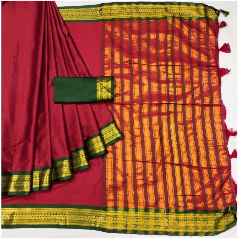 Generic Women's Cotton Silk Solid Saree With Unstitched Blouse 5.5Mtr (Red) - MYLUXURY LANE ENTERPRISE