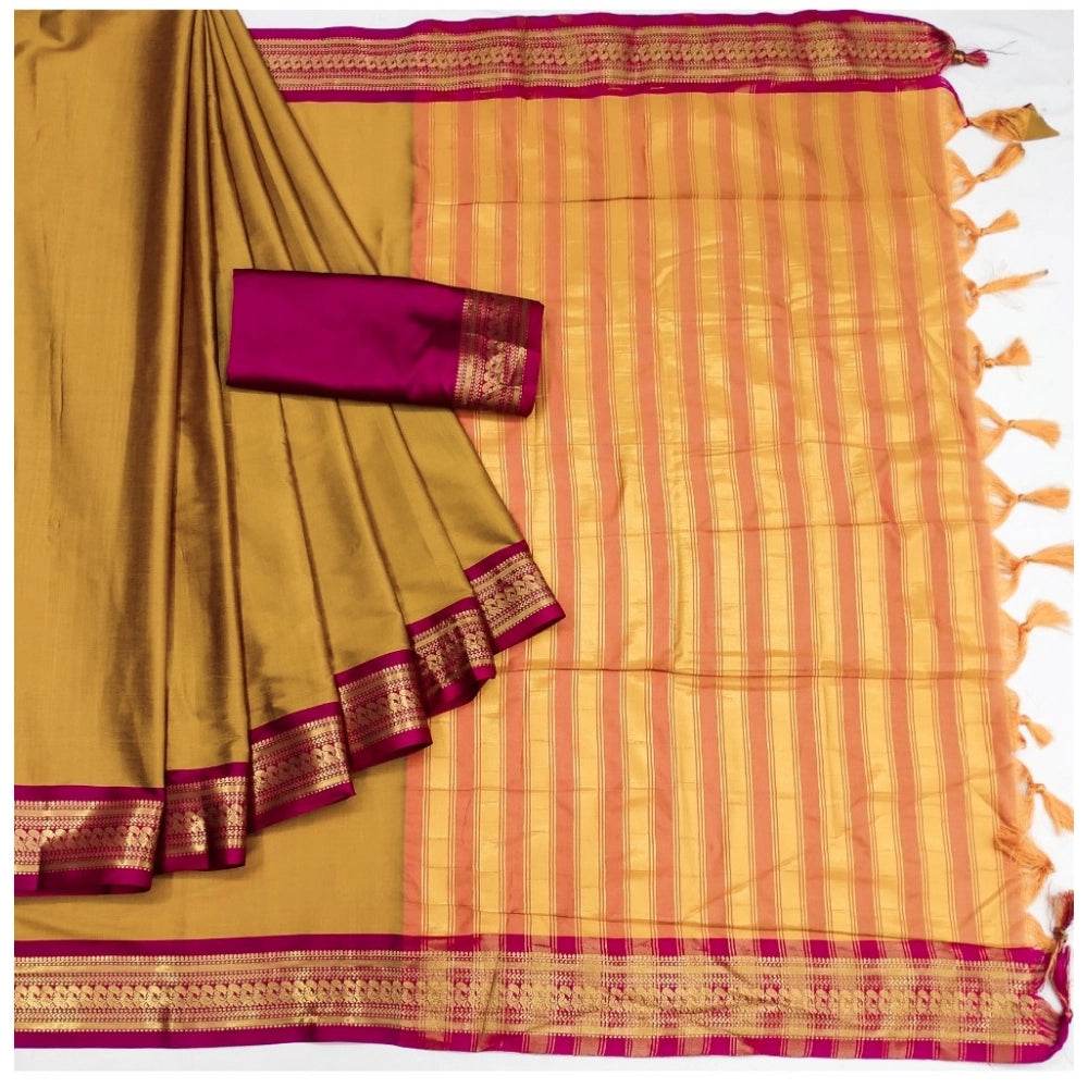 Generic Women's Cotton Silk Solid Saree With Unstitched Blouse 5.5Mtr (Yellow) - MYLUXURY LANE ENTERPRISE