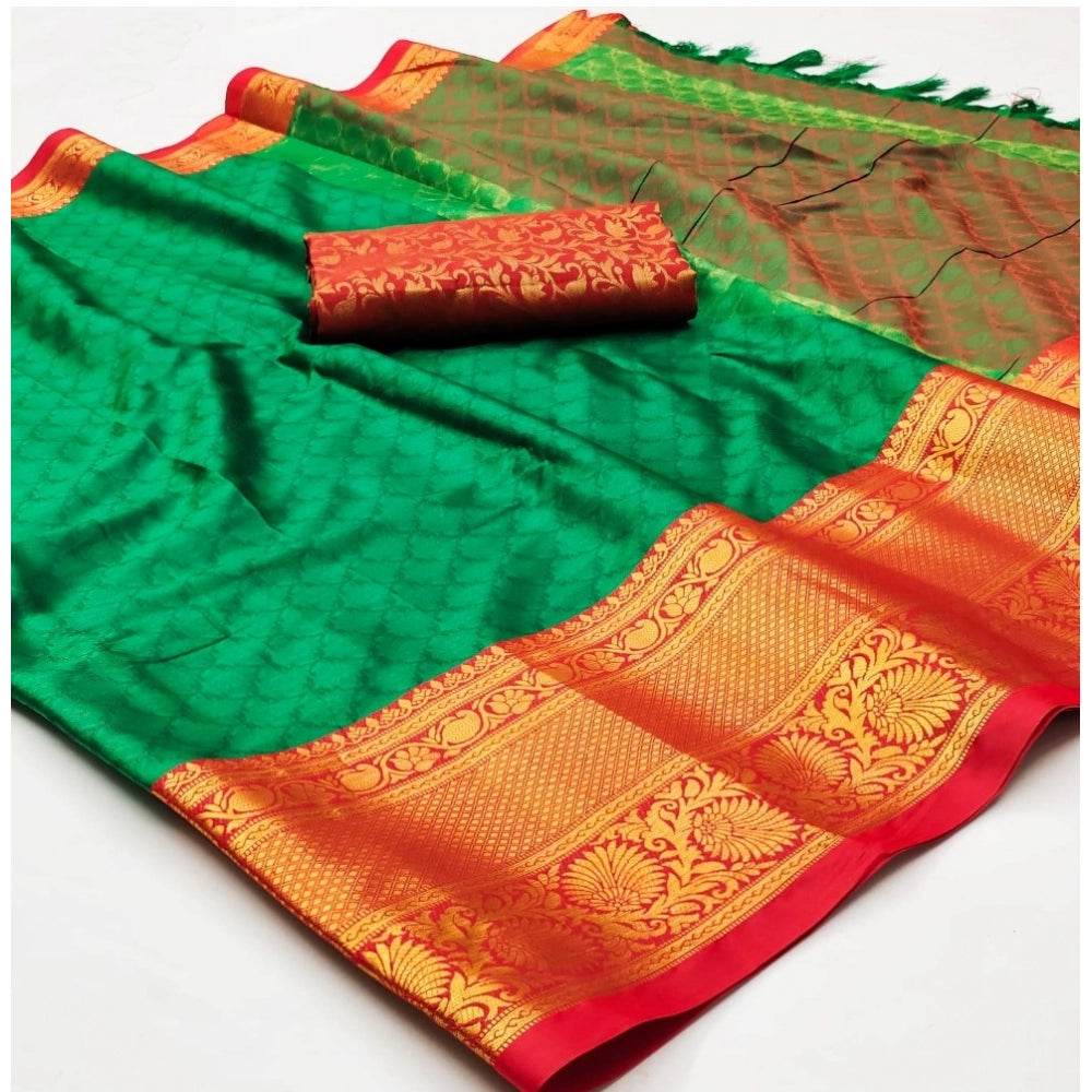 Generic Women's Cotton Silk Floral Print Saree With Unstitched Blouse 5.5Mtr (Green) - MYLUXURY LANE ENTERPRISE