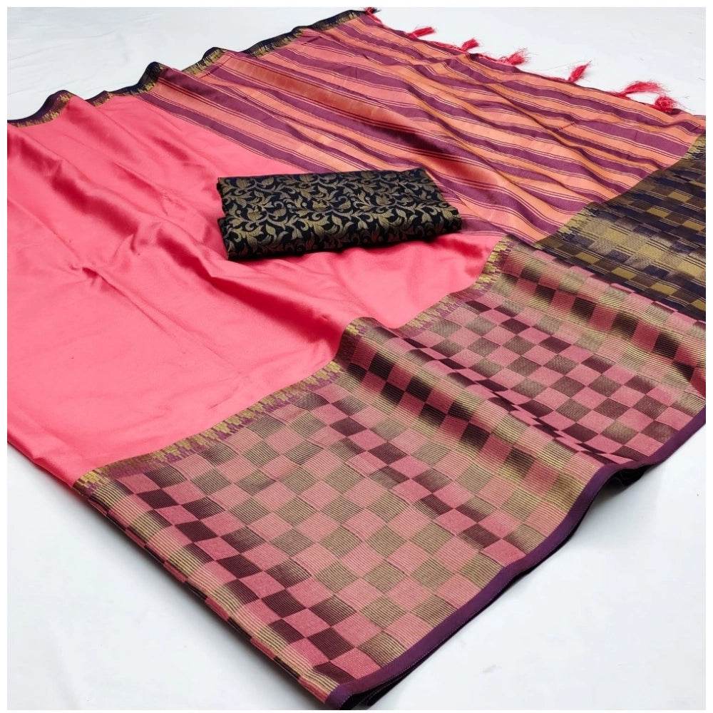 Generic Women's Cotton Silk Checkered Saree With Unstitched Blouse 5.5Mtr (Pink) - MYLUXURY LANE ENTERPRISE