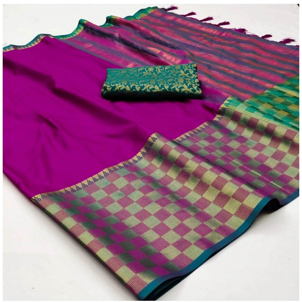 Generic Women's Cotton Silk Checkered Saree With Unstitched Blouse 5.5Mtr (Purple) - MYLUXURY LANE ENTERPRISE
