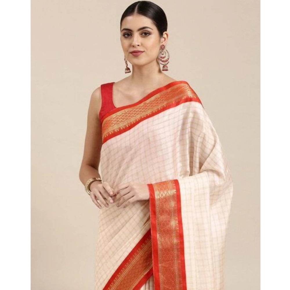 Generic Women's Cotton Silk Checkered Saree With Unstitched Blouse 5.5Mtr (Red) - MYLUXURY LANE ENTERPRISE