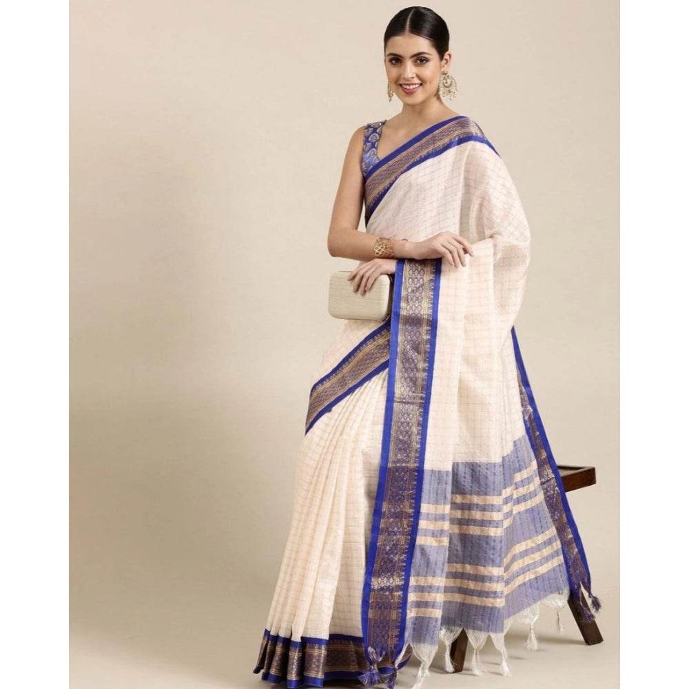 Generic Women's Cotton Silk Checkered Saree With Unstitched Blouse 5.5Mtr (R Blue) - MYLUXURY LANE ENTERPRISE