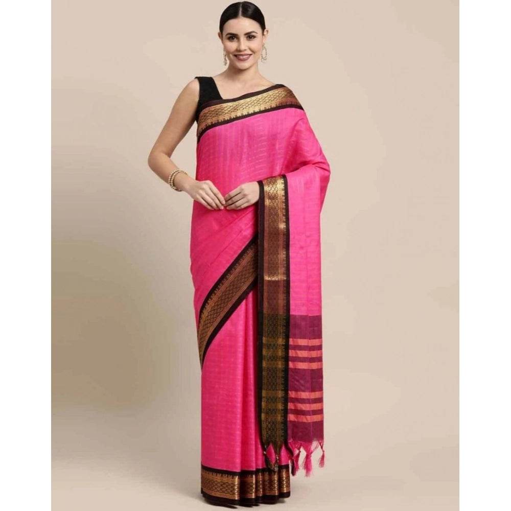 Generic Women's Cotton Silk Checkered Saree With Unstitched Blouse 5.5Mtr (Rani Black) - MYLUXURY LANE ENTERPRISE