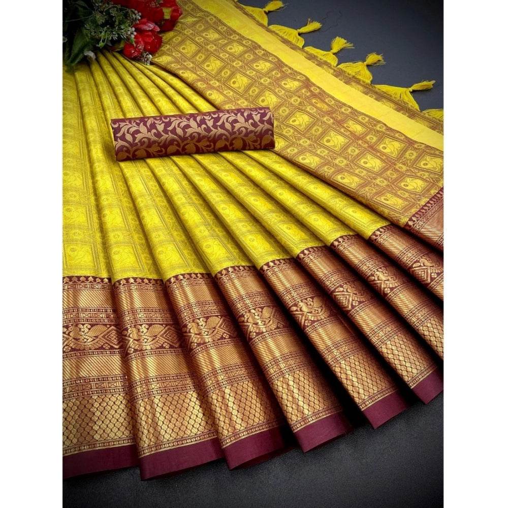 Generic Women's Cotton Silk Printed Saree With Unstitched Blouse 5.5Mtr (Yellow) - MYLUXURY LANE ENTERPRISE