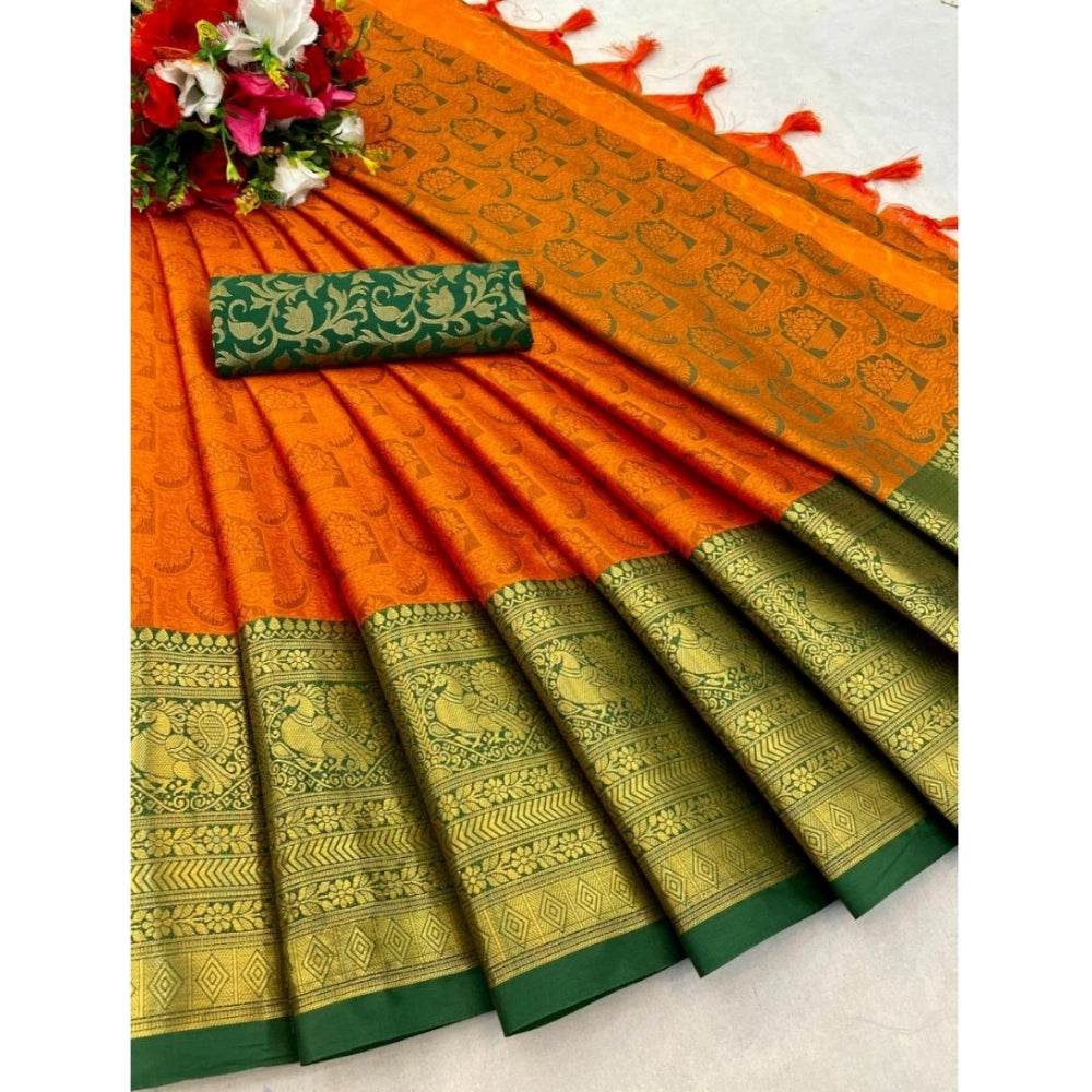 Generic Women's Cotton Silk Printed Saree With Unstitched Blouse 5.5Mtr (Orange) - MYLUXURY LANE ENTERPRISE