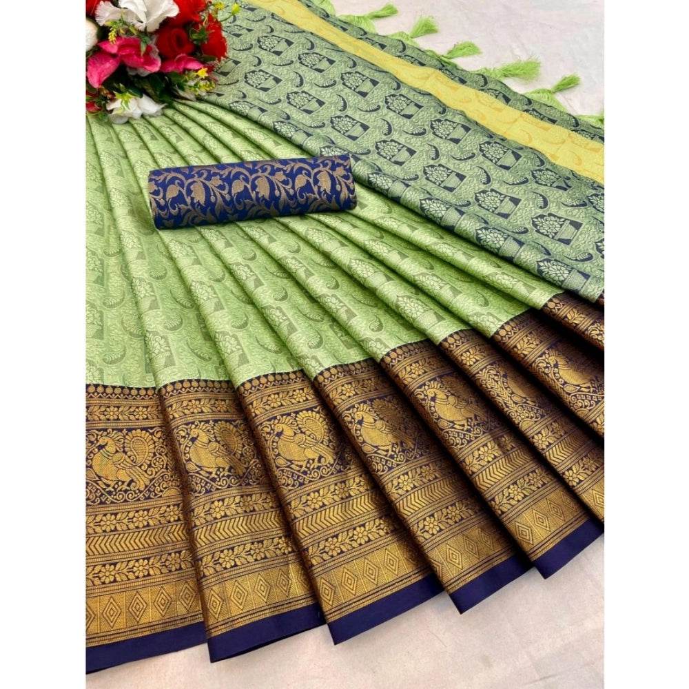 Generic Women's Cotton Silk Printed Saree With Unstitched Blouse 5.5Mtr (Pista) - MYLUXURY LANE ENTERPRISE